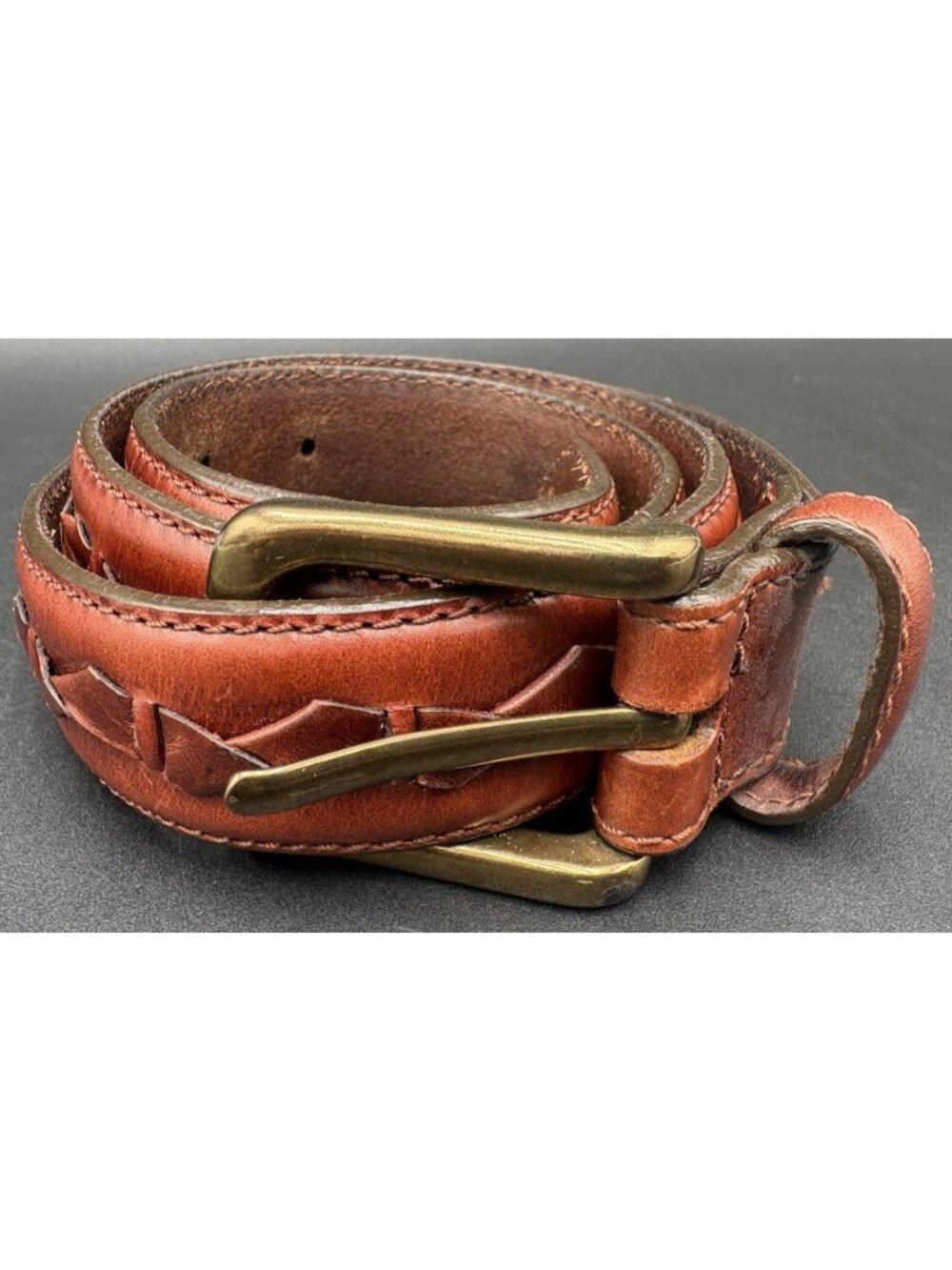 Women's Brown Leather Belt Braided Size 32 Stitched Belt Brass Buckle Classic